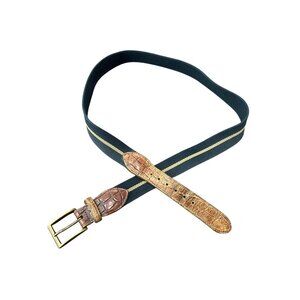 Vintage Jos A Bank Navy Leather Canvas Belt 38 Inch Brass Buckle Croc Embossing